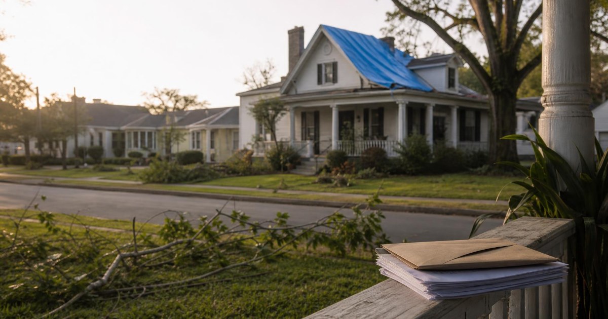 A storm-damaged Louisiana home with a tarp on the roof and an envelope on the porch railing in morning light.