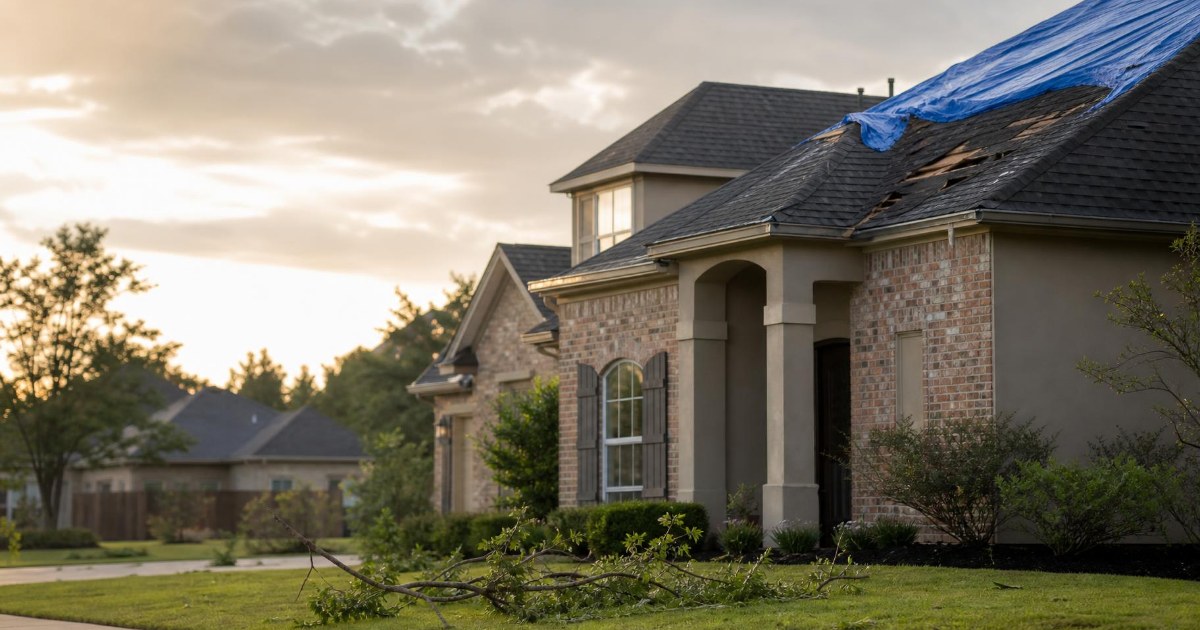 A Louisiana house with storm-damaged shingles and a blue tarp over part of the roof in late afternoon light.